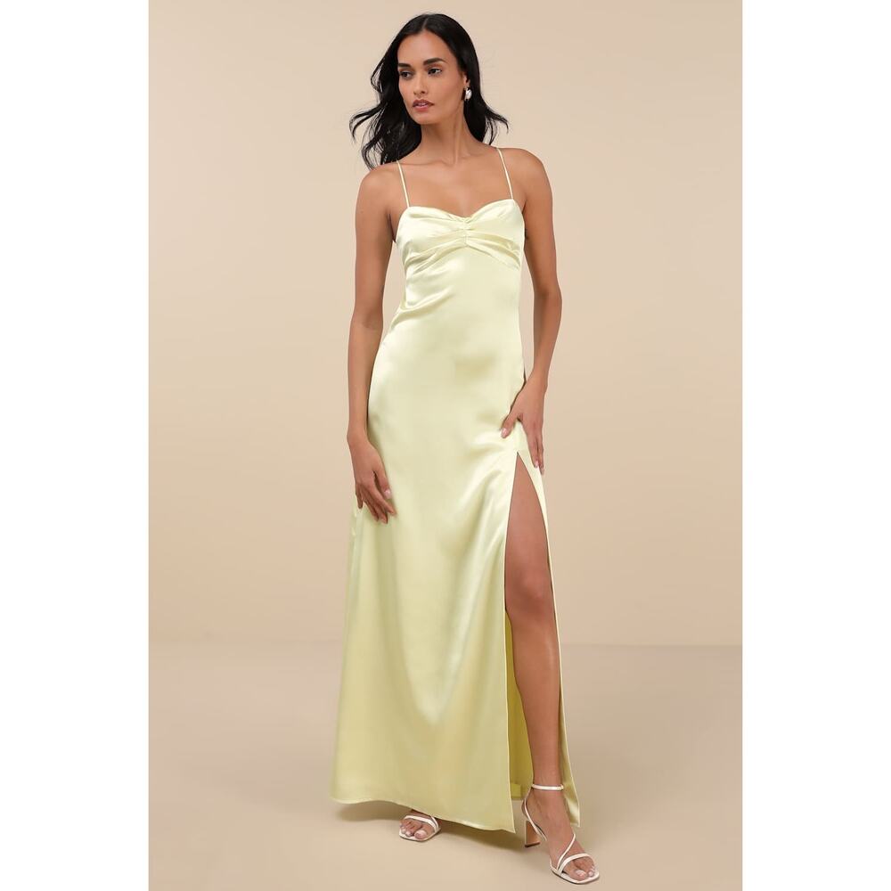 NWT Lulus Stunning Example Light Yellow Satin Backless Maxi Dress Bridesmaid M